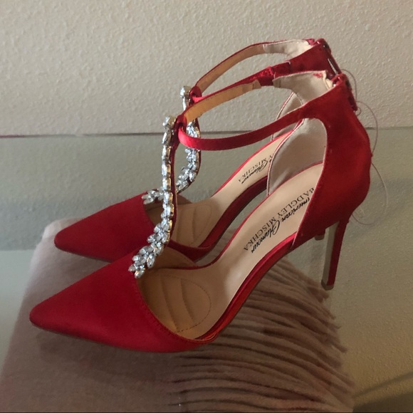 Badgley Mischka Shoes - Badgley Mischka Red Satin Jeweled Pumps, 5.5us